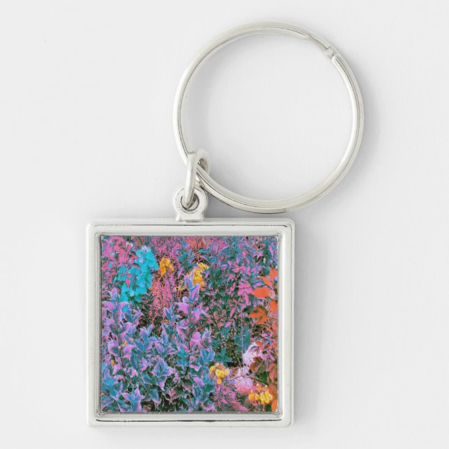 Abstrakt Persika, Rosa Grönt och Aqua Garden Folia Fyrkantig Silverfärgad Nyckelring (Framsidan)