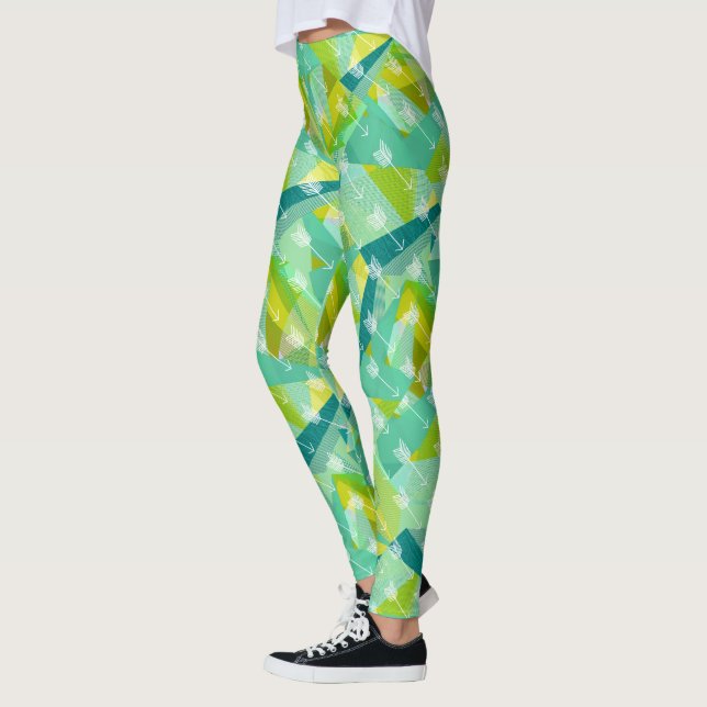Abstrakt Pil Triangle Mint Blue Aqua Mönster Leggings (Vänster)