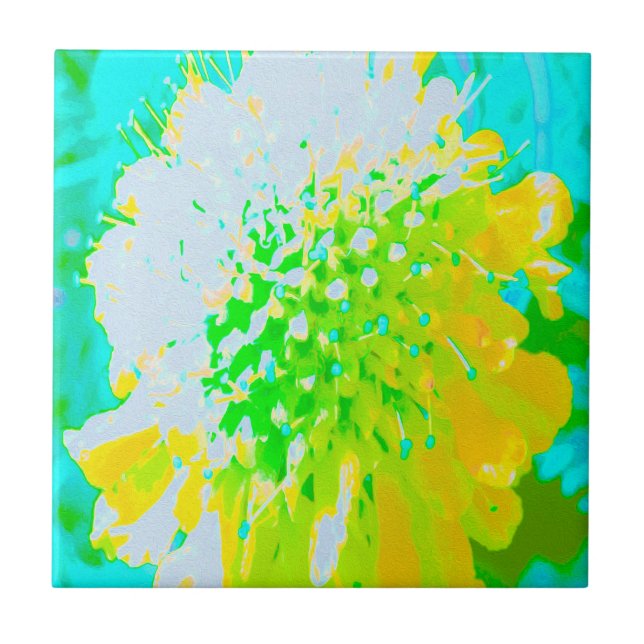 Abstrakt Pincushion Flower i Gult och Grönt Kakelplatta (Framsidan)