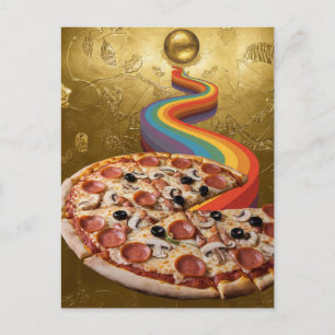 Abstrakt pizzaregnbåge leder från planet till pizz vykort