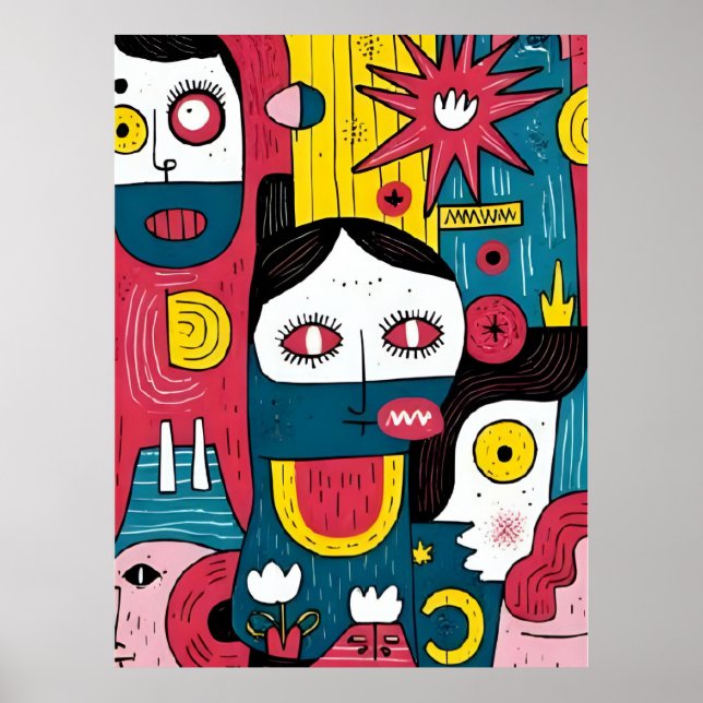 Abstrakt Pop Art Ansikte - Modern Doodle-uttryck Poster (Framsidan)