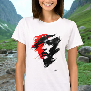 Abstrakt Porträtt - Dramatisk Svart och Röd Pensel T Shirt