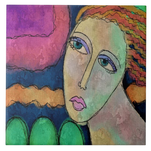 Abstrakt Porträtt i en kvinnlig digital målning Kakelplatta (Framsidan)