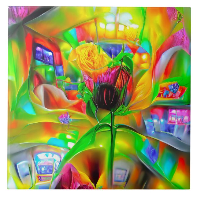 Abstrakt Psychedelic Flowers Kakelplatta (Framsidan)