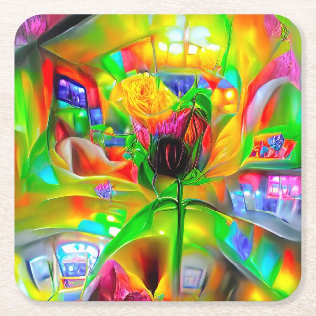 Abstrakt Psychedelic Flowers Underlägg Papper Kvadrat (Framsidan)
