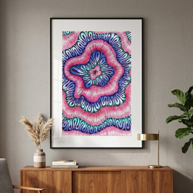 Abstrakt psykedelisk rosa blå vågig linjekonst poster (Skapare uppladdad)