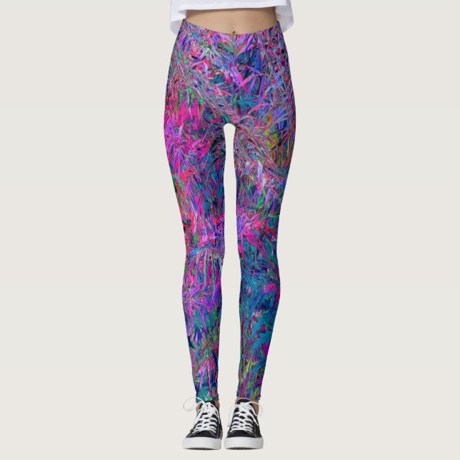Abstrakt Psykedeliska Regnbågsfärgade Lövträdgård Leggings (Framsida)