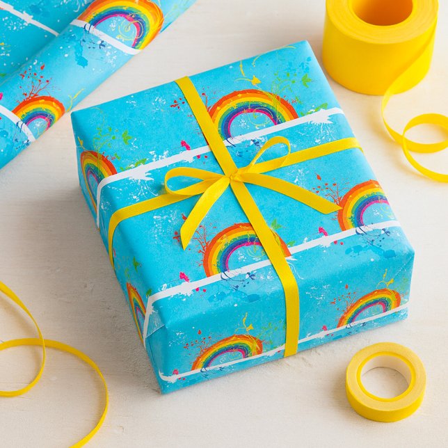 Abstrakt Rainbow Blommigt Swirls och Paint Splatte Presentpapper (Skapare uppladdad)