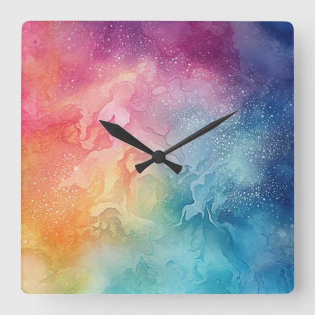 Abstrakt Rainbow Clouds Watercolor Liquid Art Fyrkantig Klocka (Framsida)