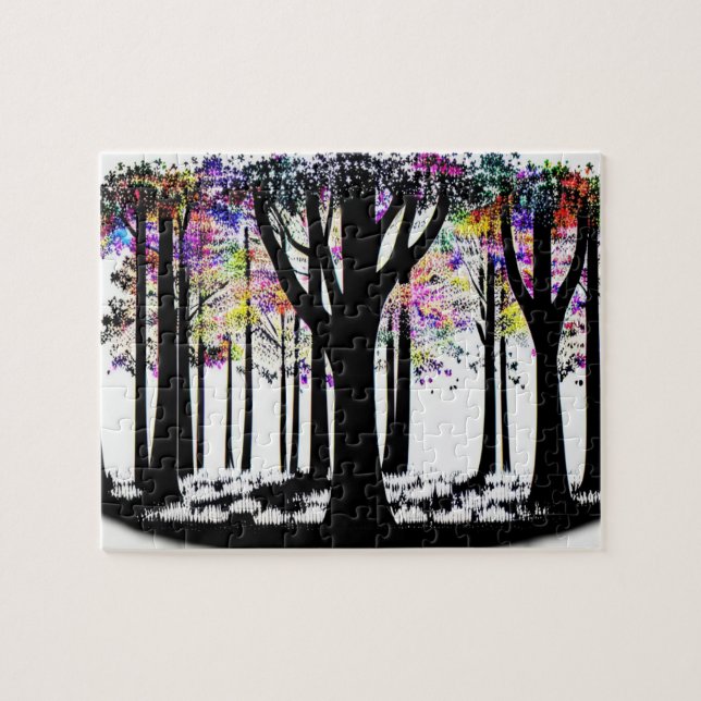 Abstrakt Rainbow Confetti Silhouette Forest Pussel (Horisontell)