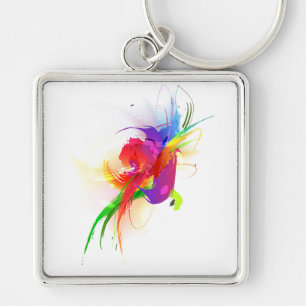 Abstrakt Rainbow Lorikeet Paint Splatters Fyrkantig Silverfärgad Nyckelring