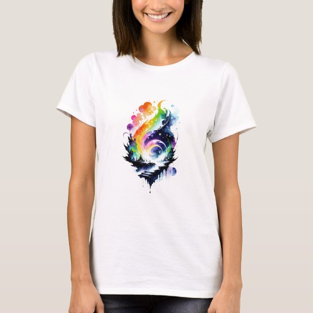 Abstrakt Rainbow Watercolor Fantasy liggande T Shirt (Framsida)