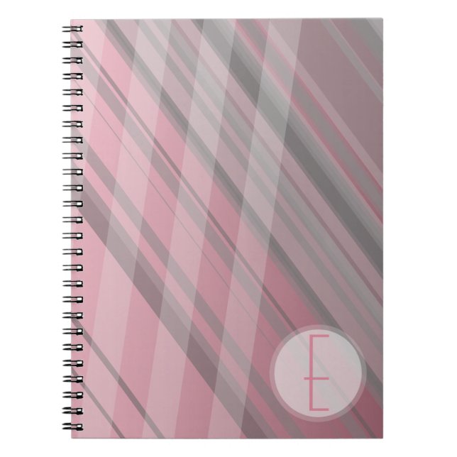 Abstrakt Ränder/Rosa & Grått/Monogram Anteckningsbok Med Spiral (Framsidan)