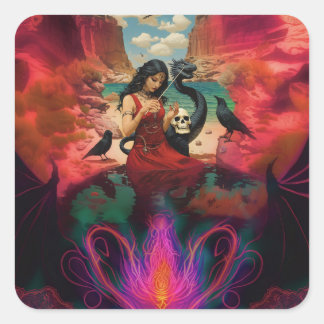 Abstrakt Raven Skull Occult Mörk Witchy AI Art Fyrkantigt Klistermärke