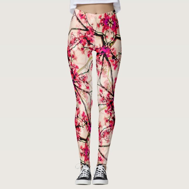 Abstrakt Red Blommigt Sömlös Mönster Leggings (Framsida)