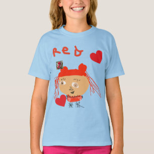 Abstrakt Red Girl with Heards on Blue Kids T Shirt