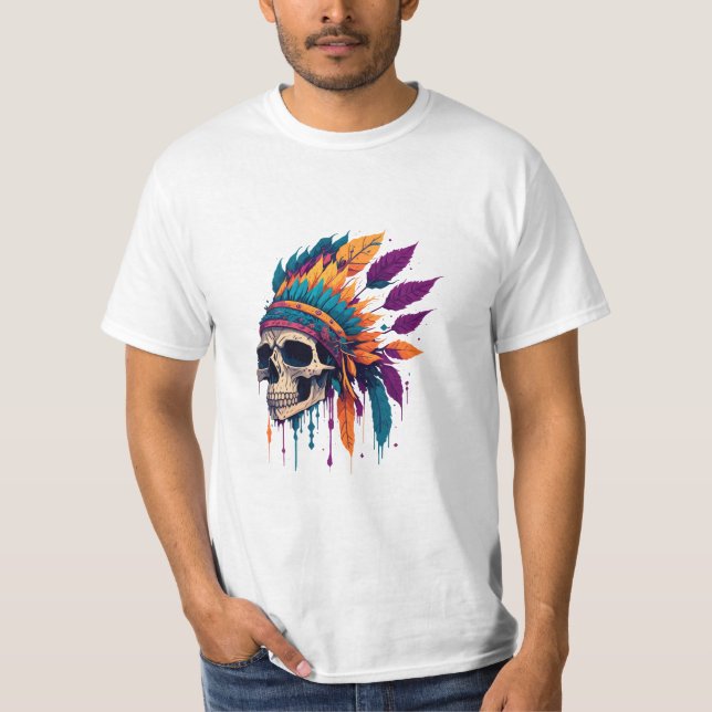 Abstrakt Red Indian SKull Färg Stänk Design T Shirt (Framsida)