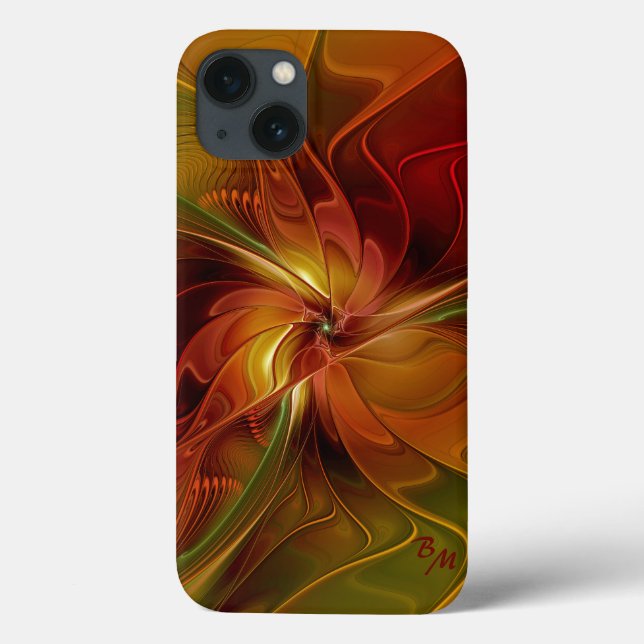 Abstrakt Red Orange Brown Grönt Fractal Art Flower (Baksida)