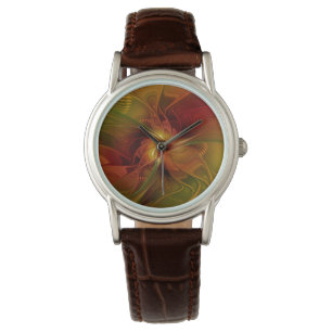 Abstrakt Red Orange Brown Grönt Fractal Art Flower Armbandsur