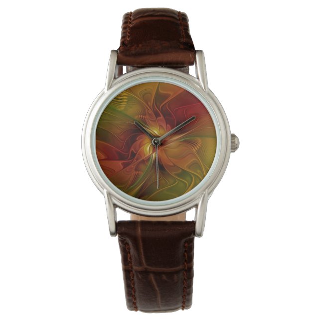 Abstrakt Red Orange Brown Grönt Fractal Art Flower Armbandsur (Framsida)