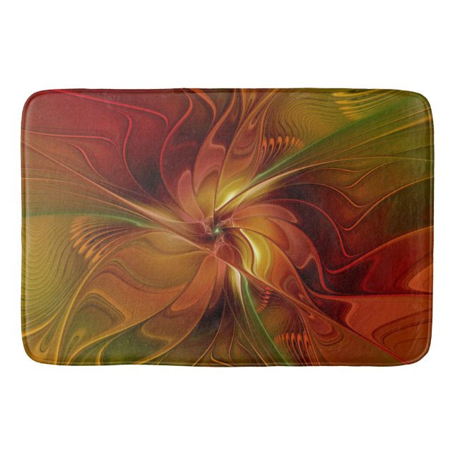 Abstrakt Red Orange Brown Grönt Fractal Art Flower Badrumsmatta (Framsidan)
