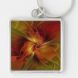 Abstrakt Red Orange Brown Grönt Fractal Art Flower Fyrkantig Silverfärgad Nyckelring