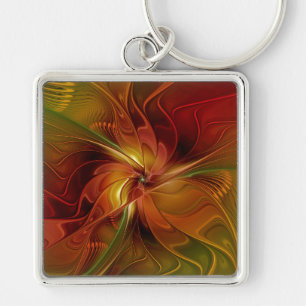 Abstrakt Red Orange Brown Grönt Fractal Art Flower Fyrkantig Silverfärgad Nyckelring