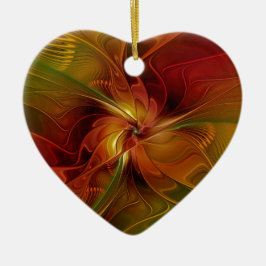 Abstrakt Red Orange Brown Grönt Fractal Art Flower Julgransprydnad Keramik