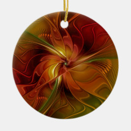 Abstrakt Red Orange Brown Grönt Fractal Art Flower Julgransprydnad Keramik