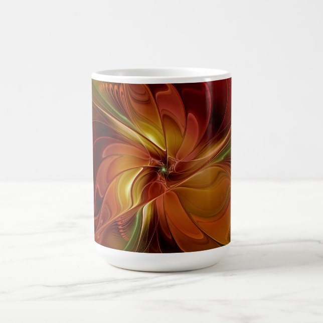 Abstrakt Red Orange Brown Grönt Fractal Art Flower Kaffemugg (Center)