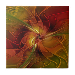 Abstrakt Red Orange Brown Grönt Fractal Art Flower Kakelplatta