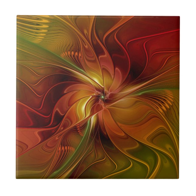 Abstrakt Red Orange Brown Grönt Fractal Art Flower Kakelplatta (Framsidan)