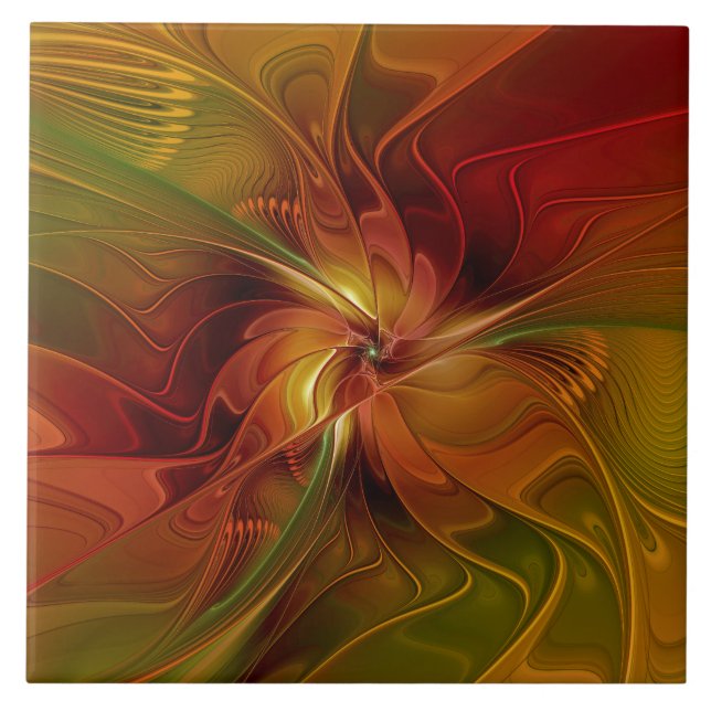 Abstrakt Red Orange Brown Grönt Fractal Art Flower Kakelplatta (Framsidan)