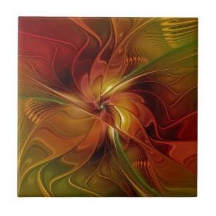 Abstrakt Red Orange Brown Grönt Fractal Art Flower Kakelplatta