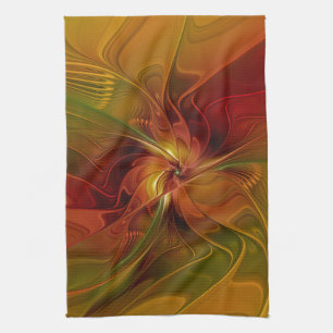 Abstrakt Red Orange Brown Grönt Fractal Art Flower Kökshandduk