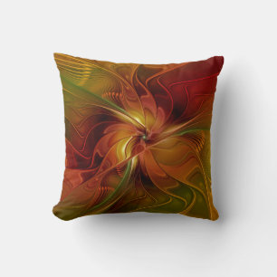 Abstrakt Red Orange Brown Grönt Fractal Art Flower Kudde