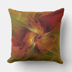 Abstrakt Red Orange Brown Grönt Fractal Art Flower Kudde