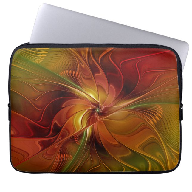 Abstrakt Red Orange Brown Grönt Fractal Art Flower Laptop Fodral (Framsidan)