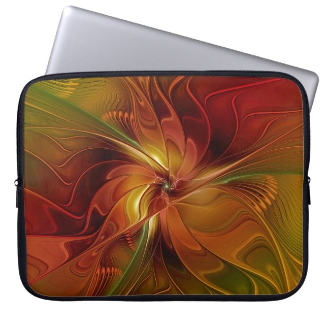 Abstrakt Red Orange Brown Grönt Fractal Art Flower Laptop Fodral (Framsidan)