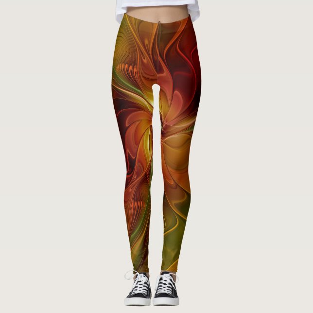 Abstrakt Red Orange Brown Grönt Fractal Art Flower Leggings (Framsida)