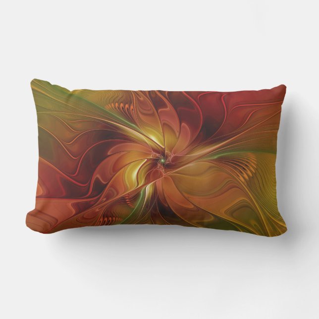 Abstrakt Red Orange Brown Grönt Fractal Art Flower Lumbarkudde (Framsida)