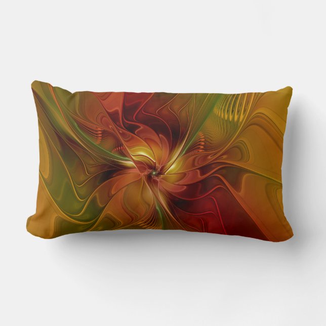 Abstrakt Red Orange Brown Grönt Fractal Art Flower Lumbarkudde (Framsida)