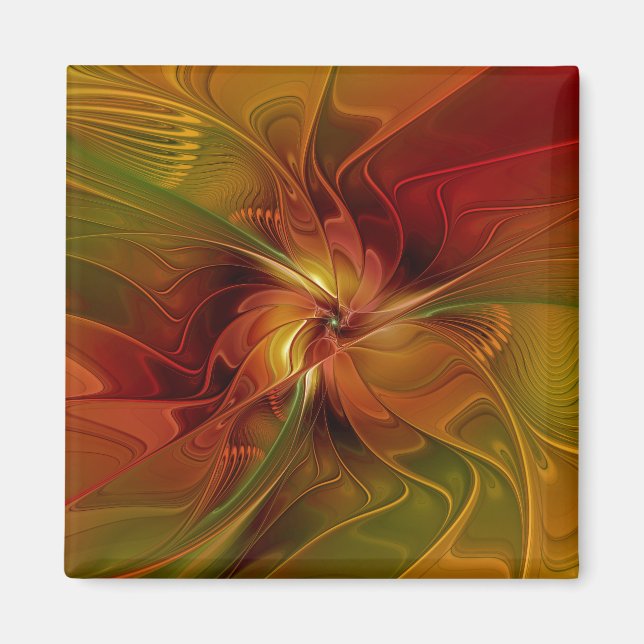 Abstrakt Red Orange Brown Grönt Fractal Art Flower Magnet (Framsidan)
