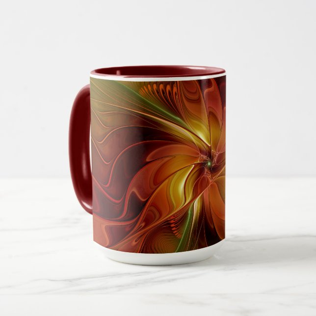 Abstrakt Red Orange Brown Grönt Fractal Art Flower Mugg (Framsida vänster)