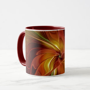 Abstrakt Red Orange Brown Grönt Fractal Art Flower Mugg