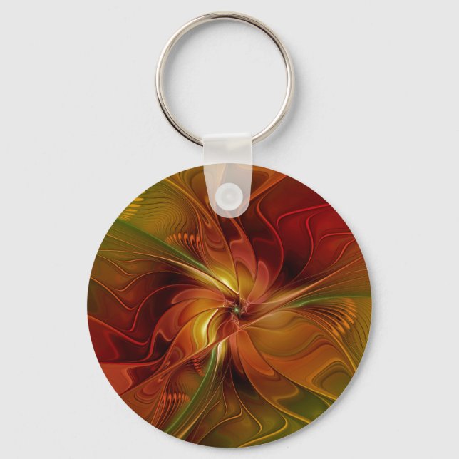 Abstrakt Red Orange Brown Grönt Fractal Art Flower Nyckelring (Framsida)