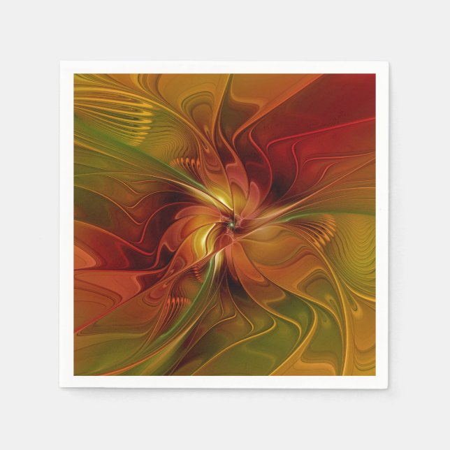 Abstrakt Red Orange Brown Grönt Fractal Art Flower Pappersservett (Framsidan)