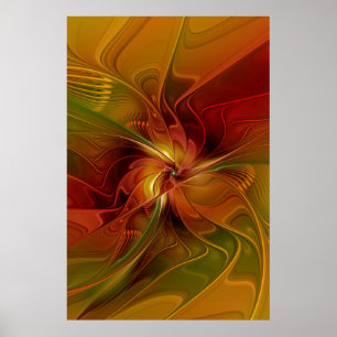 Abstrakt Red Orange Brown Grönt Fractal Art Flower Poster