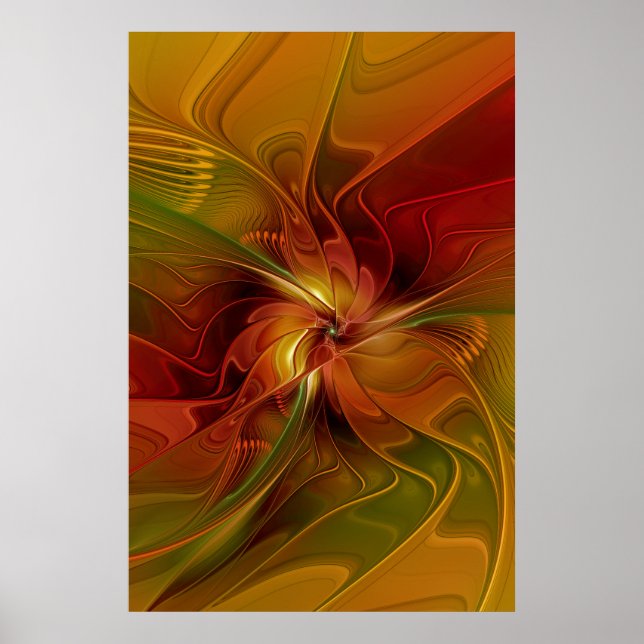 Abstrakt Red Orange Brown Grönt Fractal Art Flower Poster (Framsidan)