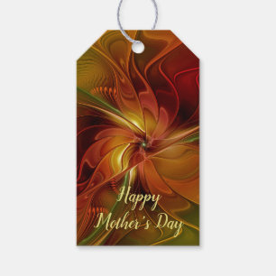 Abstrakt Red Orange Brown Grönt Fractal Art Flower Presentetikett